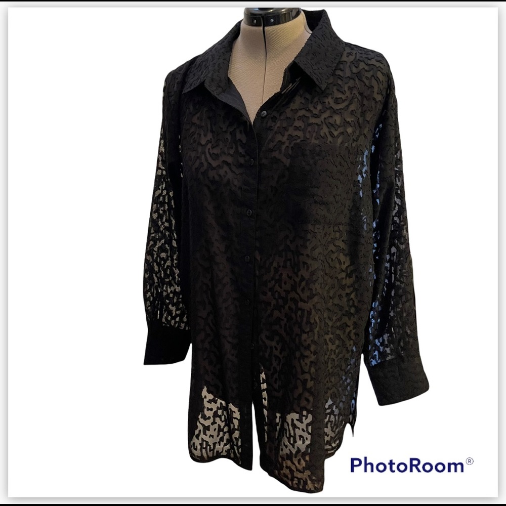 Venus NWOT sheer black leopard burnout coverup or tunic blouse. Size XL 16.